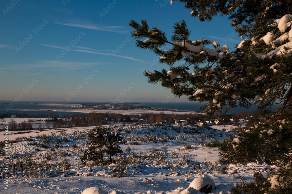 beautiful panoramic view to the romantic winter landscape on the wonderful German island Hiddensee by the Baltic Sea