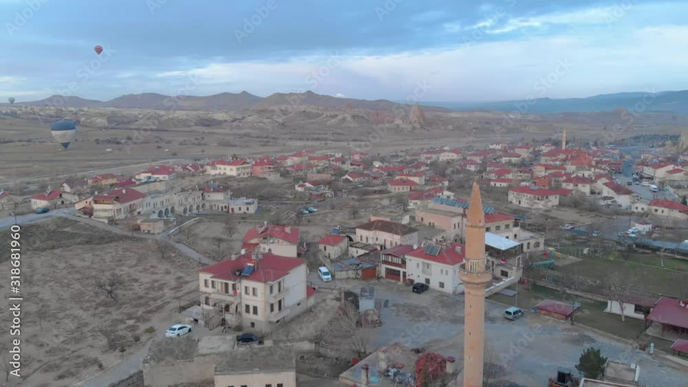 Aerial view of mosque minaret in Cavusin region of Cappadocia, Turkey Aerial view of mosque minaret in Cavusin region of Cappadocia, Turkey