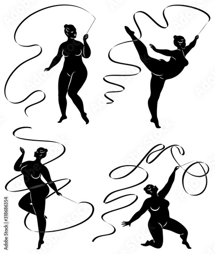 Collection. Gymnastics. Silhouette of a girl with a ribbon. The woman is overweight, a large body. The girl is full figured. Vector illustration set.