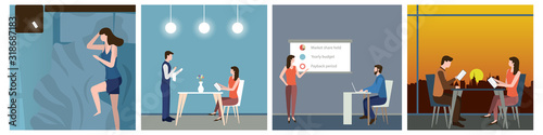 One day of a woman’s life. Girl wakes up early in the morning, has breakfast in a cafe, gives a presentation at work and has dinner with her beloved man in a restaurant at sunset. Vector illustration.