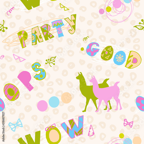 seamless pattern in soft colors with silhouettes of llamas and inscriptions whoops, wow, party. Doodle style drawing