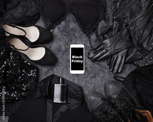 Black Friday Sale Fashion Background. Clothes Flat Lay with Shoes, Fragrance, Lingerie and Phone. Offer Shop Concept