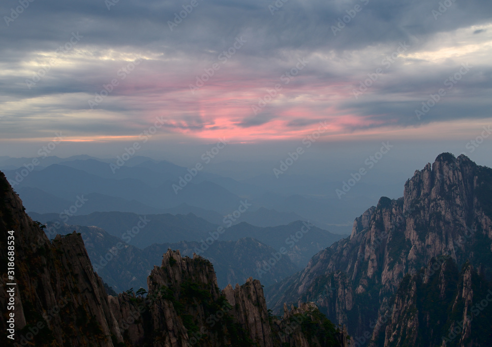 Sunset at Stone Column Peak at the West Sea area Huangshan Mountain China