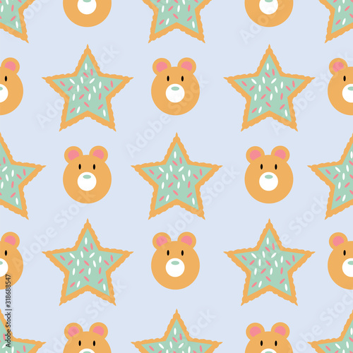 Seamless pattern of winter holiday cookies with icing and shaped as stars and bears on a blue background.