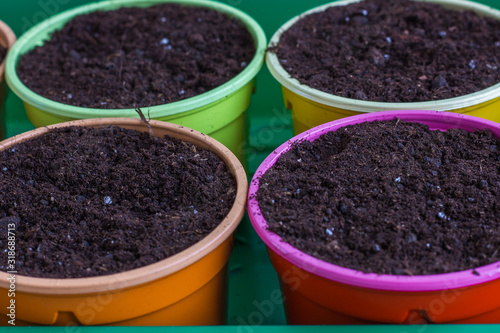 Colorful plastic pots for seedlings. .Bright round containers for growing plants filled with earth. Close-up.