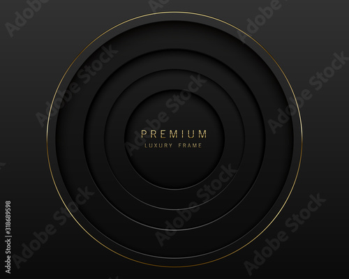 Vector black abstract round paper cut luxury frame. Premium label dark design background. Golden line frame. Papercut layered border