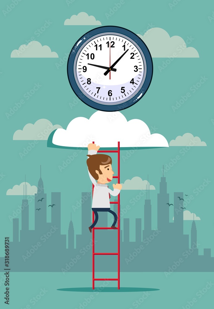 time symbol icon on cloud with wooden ladder and man. Vector flat design illustration.