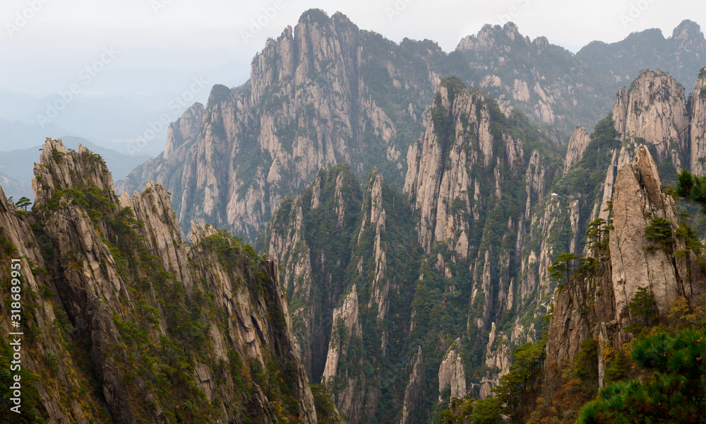 Stone Column and Songling Peaks at the West Sea area Huangshan Mountain China