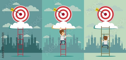 Stairs to goal. Businessman in suit rises up stairs to top of target. Business concept. Vector illustration flat design. Isolated on background. Achieving goal. Ladder wall. Strategy to aim.