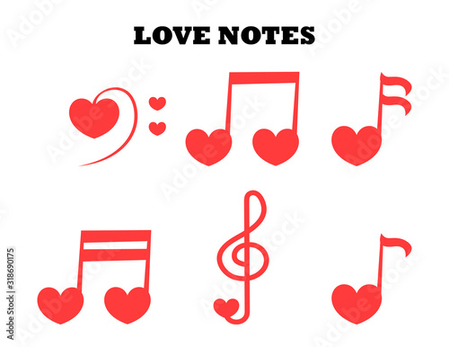 Vector set with love music. Icon of notes with hearts.