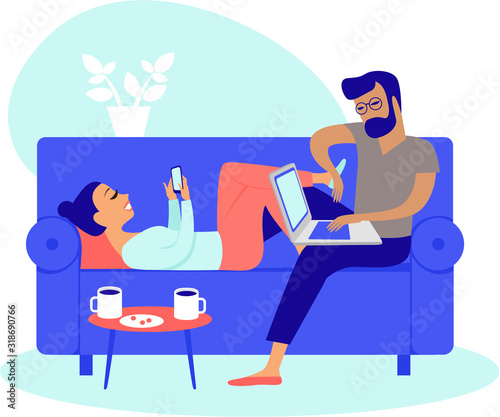 Young couple obsessed with smart devices
