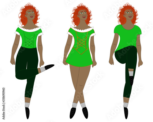 Three pretty redheaded girls dancing traditional Irish dance.