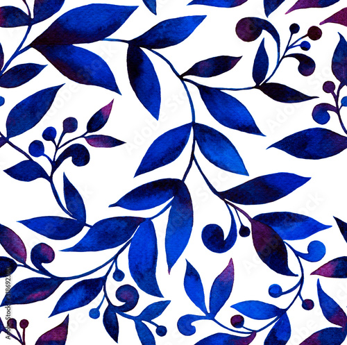 Watercolor illustration. Seamless pattern with blue and purple leaves, curls, flowing lines on a white background. Design for wallpaper, fabric, textile, packaging. © Nadejda