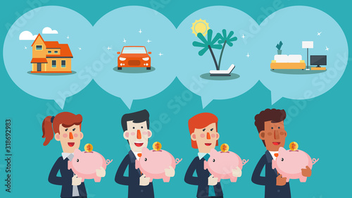 Business people with piggy bank.Businesswoman holds piggy bank in his hand and dreams about house. Businessman dreaming about car. Saving and investing money concept. Future financial planning concept