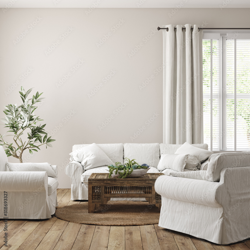 Naklejka premium Scandinavian farmhouse living room interior, wall mockup, 3d render