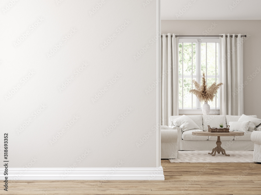 Scandinavian farmhouse living room interior, wall mockup, 3d render - obrazy, fototapety, plakaty 