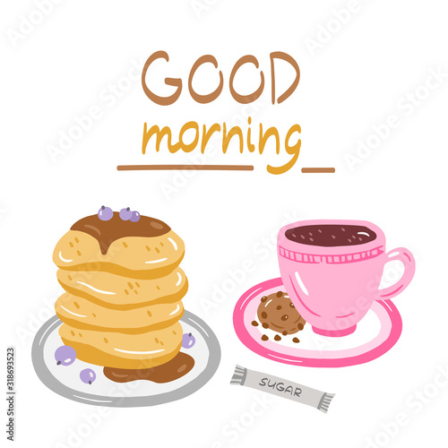 Vector illustration of breakfast. Cup of coffee, cookies and pancakes. Cartoon  style illustration. 