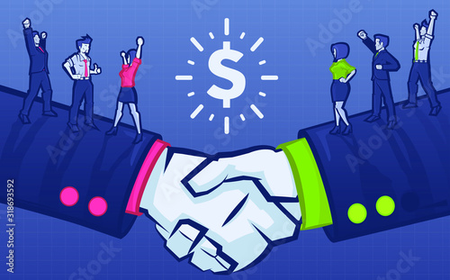 Handshake of two businessmen with dollar sign above it on blue background. Young men and women of different company rejoice at conclusion of new contract, cooperation, successful negotiations. Vector.