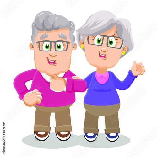 Aged happy family couple spending time together. Silver haired woman standing next to elderly man and waving hand. Care, rapport, harmony between grandfather and grandmother. Love in old age. Cartoon.