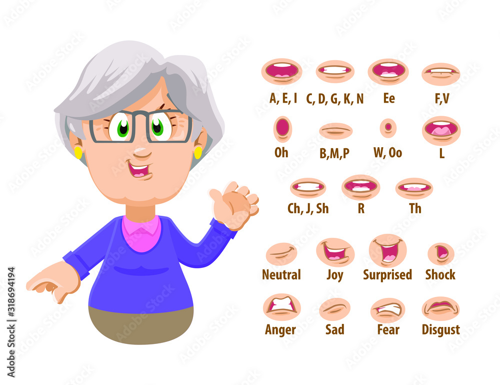 Cute old woman, spectacled grandmother shows to set of mouth, teeth  positions. Lip sync emotions collection. Can be used for animation. Cartoon  vector illustration isolated on white background. Stock Vector | Adobe