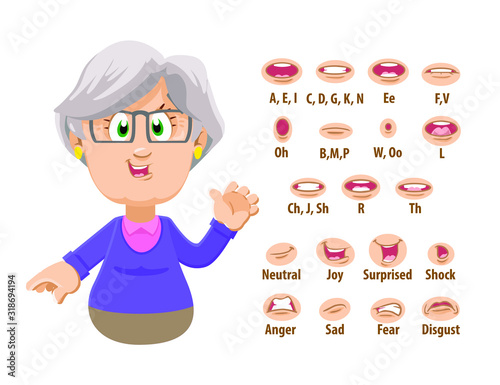 Cute old woman, spectacled grandmother shows to set of mouth, teeth positions. Lip sync emotions collection. Can be used for animation. Cartoon vector illustration isolated on white background.