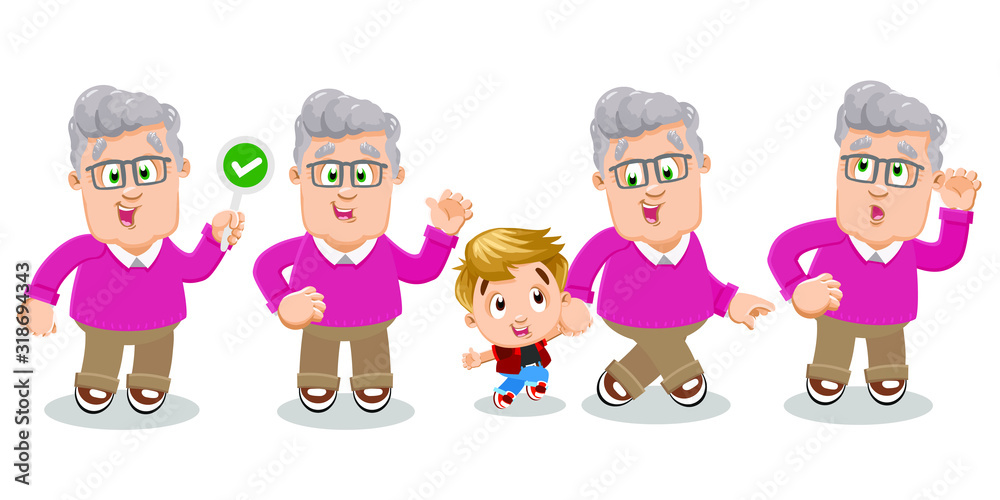 Vector cartoon set with silver haired pensioner in different mood and poses. Old man keeps permissive sign, stands with arm akimbo, waves, puts hand to ear to hear better, walks with grandson. Vector cartoon set with silver haired pensioner in different mood and poses. Old man keeps permissive sign, stands with arm akimbo, waves, puts hand to ear to hear better, walks with grandson.