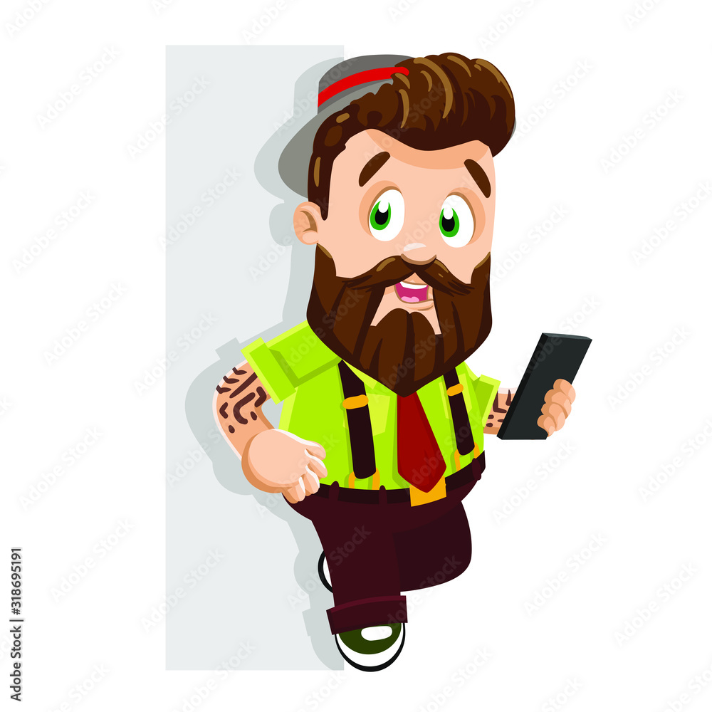 Hipster with tattoo in hat, light green shirt, red tie, brown suspender trousers standing near wall, keeping smartphone. Young bearded man using tablet, social media, typing sms. Vector cartoon.