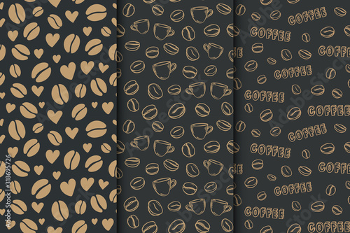 Vector set of black pattern with bronze coffee beans and hearts.	