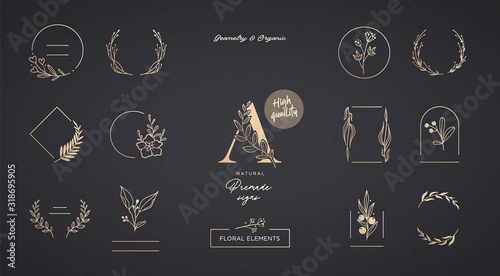 Set of minimalistic elegant geometric floral elements. Premade decorative fashion labels, signs