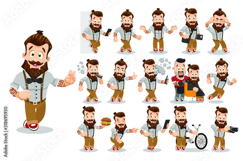 Bearded sportive hipster with tattoo going, standing, running, keeping sandwich, camera, bicycle, smartphone, copybook, helpless, laughing, smoking. Vector cartoon big set isolated on white.