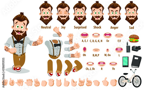 Cartoon bearded man, hipster constructor for animation. Parts of body: legs, arms, face emotions, hands gestures, lips sync. Full length, front, three quater view. Set of ready to use poses, objects.