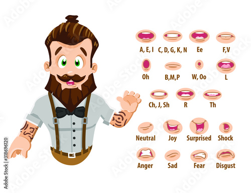Bearded hipster, young man with bow tie shows to set of mouth, teeth positions. Lip sync emotions collection. Can be used for animation. Cartoon vector illustration isolated on white background.