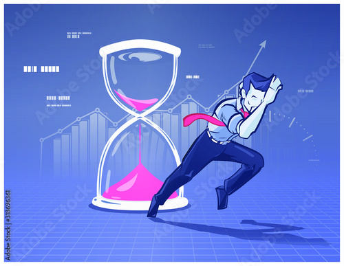 Businessman running on background of big hourglass and diagram. Man aiming be successful and making plans in time, reaching purpose. Time-management, life priorities, organizing work, right direction.