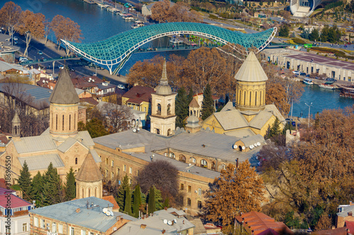 The Sioni Cathedral and the temple is Located the Mother from the height of bird flight. In the background, the peace bridge over the Kura river photo