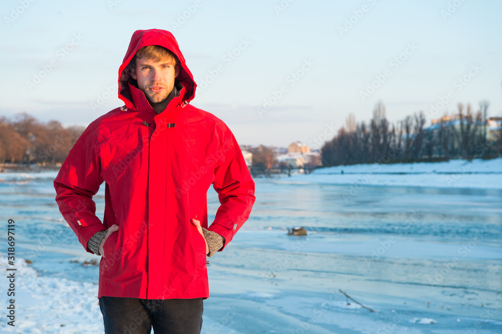 Safety measures. Polar explorer. Winter menswear. Winter outfit.  Comfortable outfit. Man warm jacket snowy nature background. Exploration of  polar regions. Winter destinations. Winter fishing Stock Photo | Adobe Stock