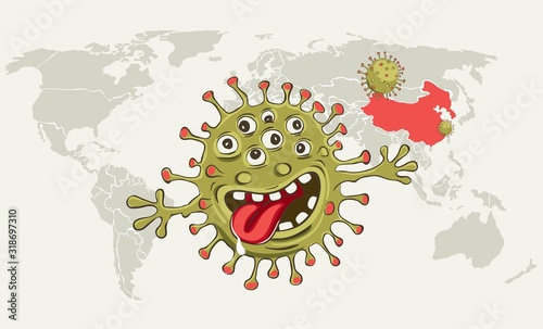 Horror virus. Vector illustration, banner, cartoon multi-eyed monster	from China