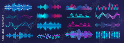Sound waves equalizer. Frequency audio waveform, music wave, voice graph signal in futuristic style HUD. Microphone voice control set and sound recognition. Audio waves vector set © SergeyBitos