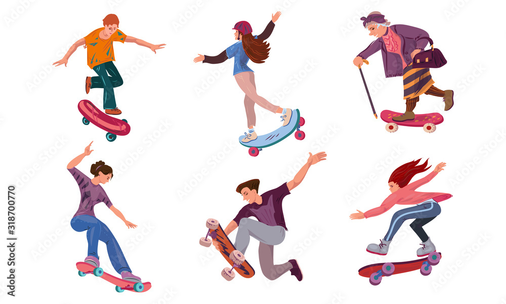 Set of different ages people on skateboard in city park. Vector illustration in flat cartoon style.