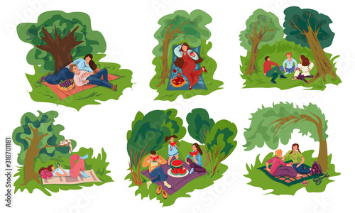 Set of various people resting in the green city park. Vector illustration in flat cartoon style.