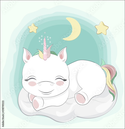 Baby unicorn sleeps on cloud