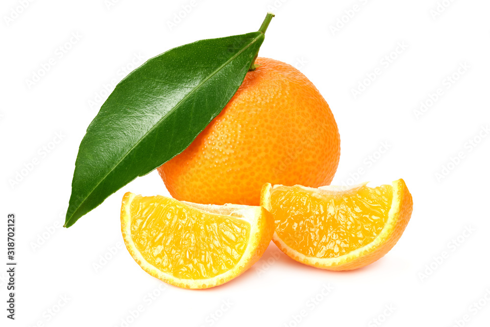 mandarin with slices and green leaf isolated on white background mandarin with slices and green leaf isolated on white background