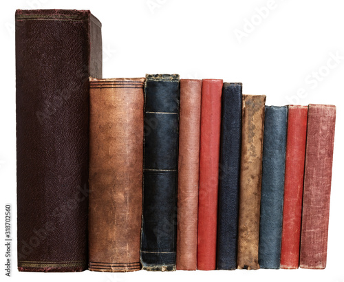 Row of Old Books with Blank Spines Isolated on White