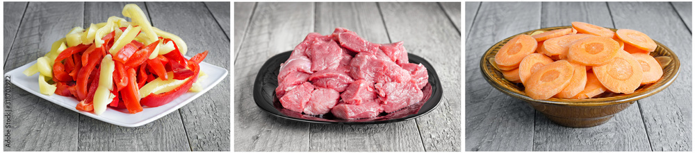 Raw ingredients on plates, sliced for cooking Raw ingredients on plates, sliced for cooking