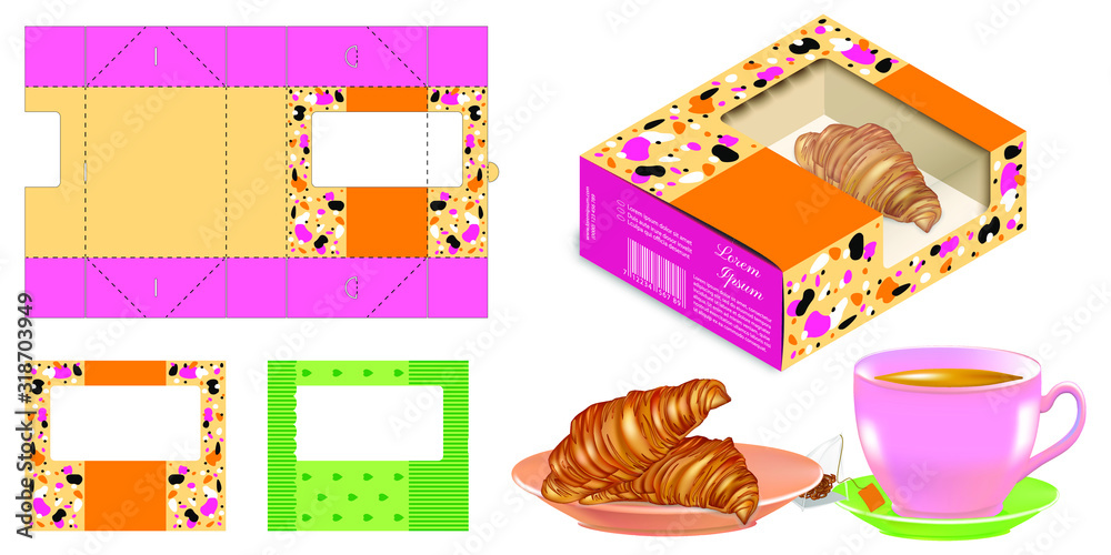 Set of Rectangle Cake Box Design, Container diestamping, Folding Packaging for bakery 3d mockup