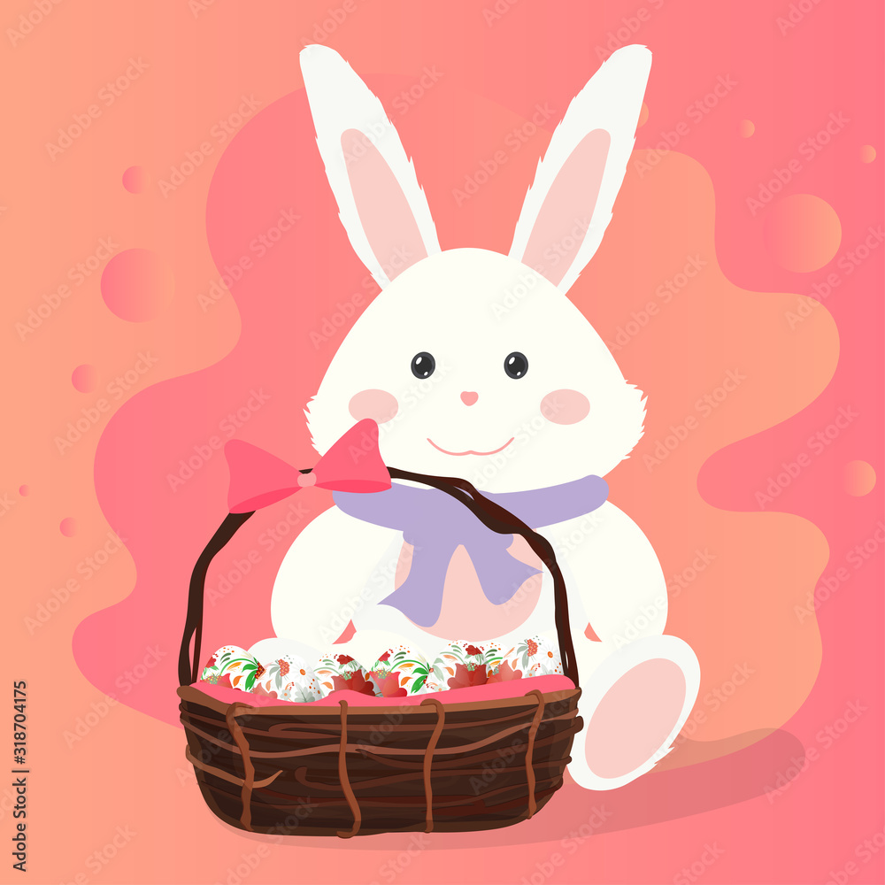 Teddy rabbit with basket of easter eggs vector illustration. Plush toy hare. Good for easter illustration. Vector icon