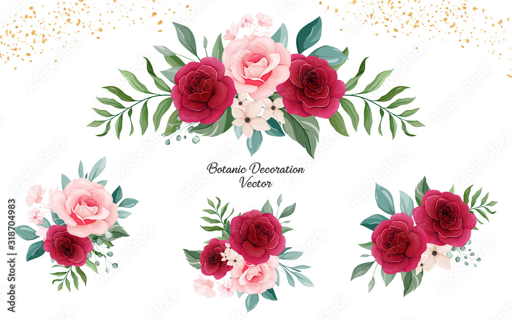 Set of floral arrangements of peach and burgundy rose flowers and leaves. Romantic botanic illustration for wedding, greeting, and valentine card design vector Set of floral arrangements of peach and burgundy rose flowers and leaves. Romantic botanic illustration for wedding, greeting, and valentine card design vector