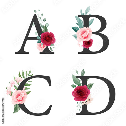 Floral alphabet set of peach and burgundy roses elements. Letters A, B, C, D with flowers decoration. Botanic illustration for wedding invitation and valentine card design composition vector