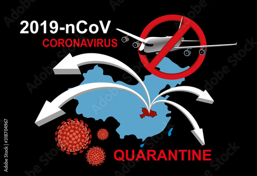 2019-nCoV. China pathogen respiratory coronavirus 2019-nCoV. Flu spreading of world, China map, arrows, floating influenza virus cells. Dangerous chinese ncov corona virus, SARS pandemic risk alert