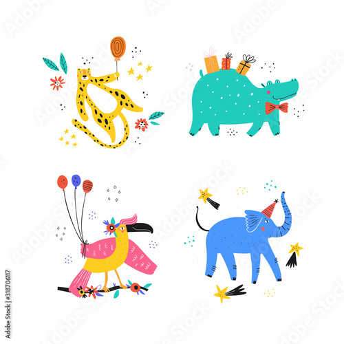 Exotic animals at party vector illustrations set
