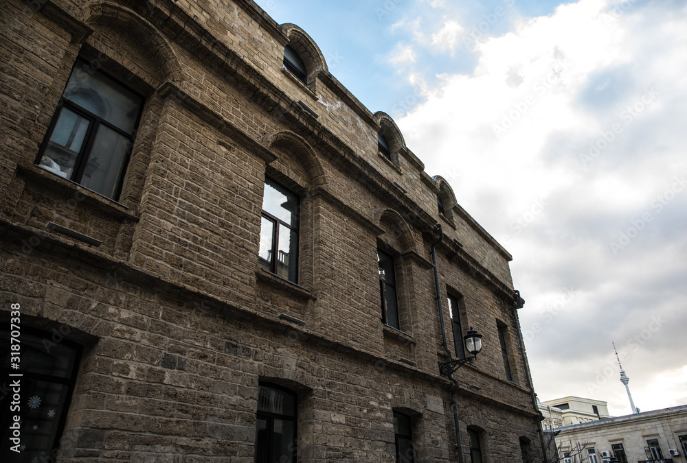 Empty street in old city of Baku, Azerbaijan. Old city Baku. Inner City buildings.